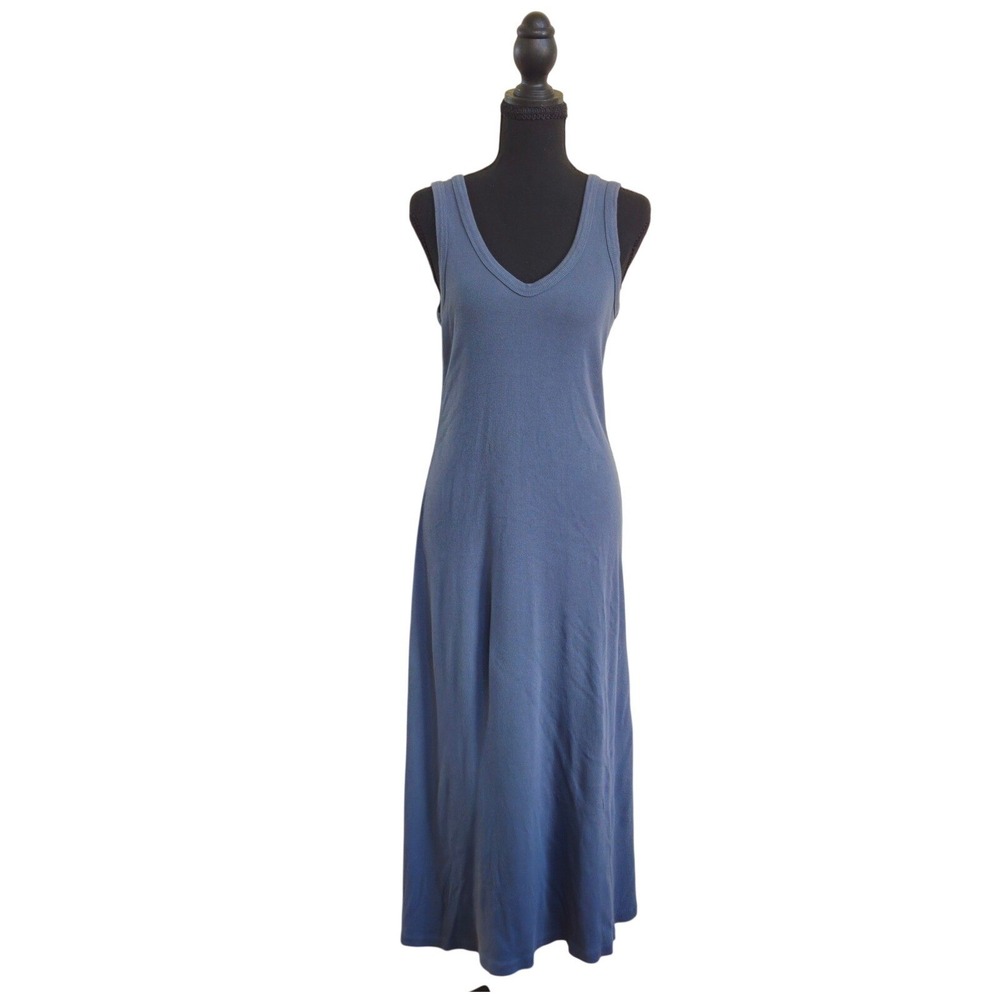 James Perse Standard Steel Blue Ribbed V-Neck Maxi Dress Minimalist Sz 2 Medium